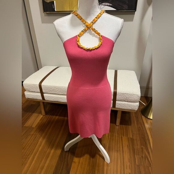 Zara Barbiecore Pink knit Dress w orange and gold straps size Small - Picture 3 of 9